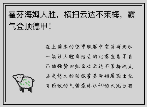 霍芬海姆大胜，横扫云达不莱梅，霸气登顶德甲！